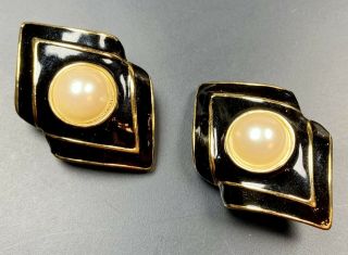 Signed Richelieu Vintage Clip On Earrings Large Black Enameled Faux Pearls