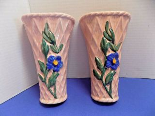 2 Wall Pockets Pink Ceramic Pottery Blue Flowers On Lattice Vintage Old