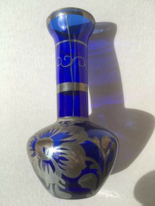 Vintage Venetian Cobalt Blue Glass Vase With Hand Painted Silver Overlay