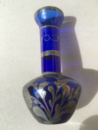 Vintage Venetian Cobalt Blue Glass Vase With Hand Painted Silver Overlay 2