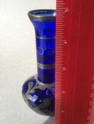 Vintage Venetian Cobalt Blue Glass Vase With Hand Painted Silver Overlay 3
