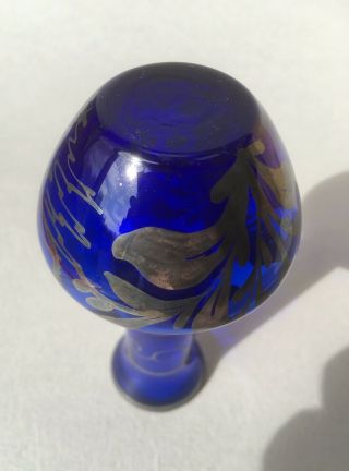 Vintage Venetian Cobalt Blue Glass Vase With Hand Painted Silver Overlay 4