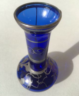 Vintage Venetian Cobalt Blue Glass Vase With Hand Painted Silver Overlay 5