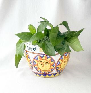 Planter Vintage Ceramic Asian Pottery 7 X 9 " Bright Sun And Flowers