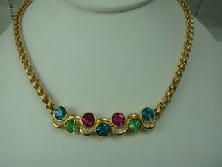 Vtg Swarovski Swan Stamp Multi Color Pink 16 " Crystal Gold Tone Braided Necklace