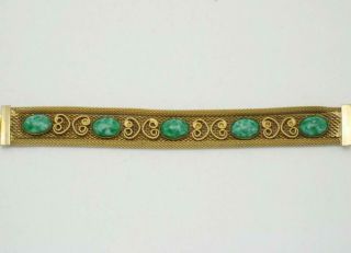 Vintage Gold Plated Infused Green Cabochon Mesh Bracelet 2