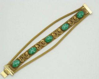 Vintage Gold Plated Infused Green Cabochon Mesh Bracelet 4
