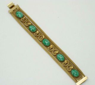 Vintage Gold Plated Infused Green Cabochon Mesh Bracelet 5