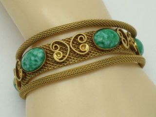 Vintage Gold Plated Infused Green Cabochon Mesh Bracelet 6