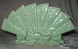 Vintage Mccoy Hand Fan With Bow Vase Planter,  Green,  8 5/8 " Across
