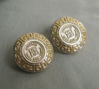 Vtg Givenchy Signed Gold Tone Classic Logo Coin Greek Key Round Clip On Earrings