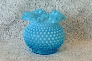 Vintage Fenton Blue Opalescent Hobnail Rose Bowl Ruffled Top Vase 5 - 1/4 " Tall