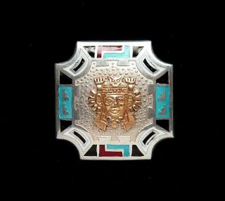 Vintage Peru 18k Yellow Gold & Sterling Silver Aztec Mayan Enamel Brooch Pendant