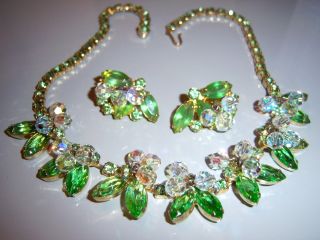 Vtg Juliana D&e Green Navette Rhinestone Crystal Bead Necklace Earring Set