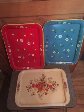 Vintage Mid - Century Mixed Flower Metal Serving Tray Set Of 3