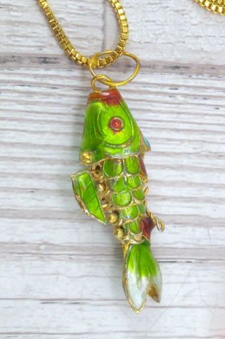 Vintage Green Enamel Articulated Fish Pendant Necklace - Chinese ? 3