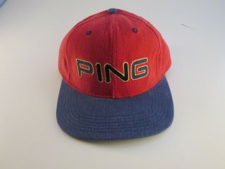Vtg 90s Ping Logo Embroidered Golf Cap Hat By Karsten Leather Strap Usa Made