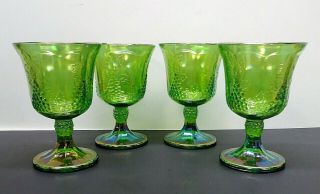 Set Of 4 Vintage Green Iridescent Carnival Glass Goblets Harvest Grape