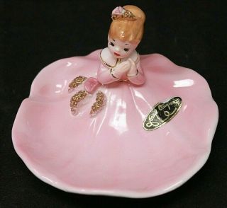 Vintage Josef Originals Japan Girl In Pink Dress Porcelain Pin Trinket Dish,  Ec