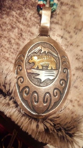 Vintage Native American Sterling Silver/ Gemstones Large Bear Pendant