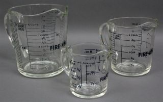Set Of 3 Vintage Fire - King Glass Measuring Cups 8 - 16 - 32 Ounces Black Lettering