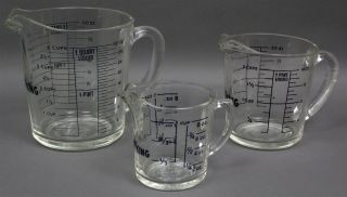 Set of 3 Vintage FIRE - KING Glass MEASURING CUPS 8 - 16 - 32 Ounces BLACK LETTERING 2