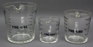 Set of 3 Vintage FIRE - KING Glass MEASURING CUPS 8 - 16 - 32 Ounces BLACK LETTERING 3