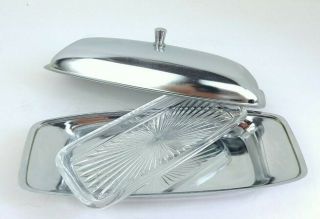Vintage Japanese Butter Dish With Glass Insert Silver Metal Mid - Century Modern