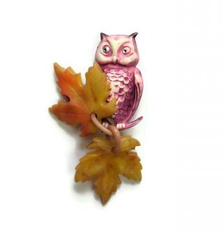 Vintage Purple Owl Canadian Leaf Dangle Brooch Pin Fashion Jewelry Plastic Vtg