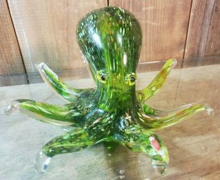 Vintage Murano Art - Glass Green Octopus Figurine Hand Blown With Decal Hallmark
