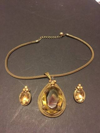 Vintage Retro Golden Topaz Rhinestone Necklace & Earring Set