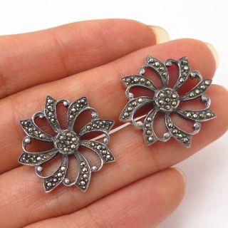 925 Sterling Silver Vintage Real Marcasite Gemstone Floral/sun Pinwheel Earrings