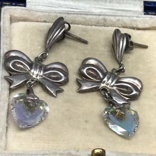 Lovely Vintage Sterling Silver Bow With A Crystal Heart Drop Earrings