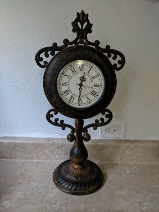Vintage Cast Metal Mantel Clock On Stand Ornate Analog Swirl Design Battery Reqd
