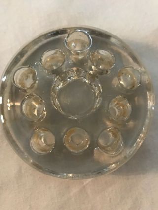Vintage Clear Glass 10 Hole Flower Frog w Large Center Candle Holder 2