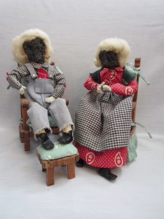 Vintage Old Man & Woman Apple Head Dolls In Clothespin Chairs W/ Footstool