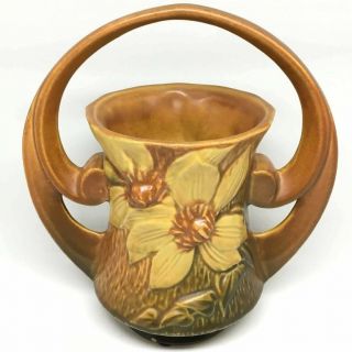 Vintage Roseville Pottery Double Handled Vase Clematis Basket Pattern Small Chip