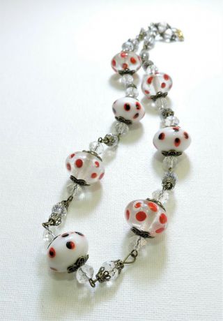 Vintage Red White Black Polka Dots Lampwork Art Glass Bead Necklace Jn1961