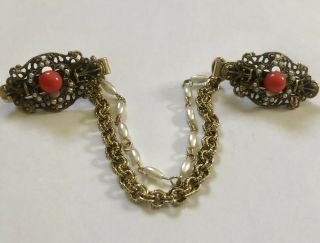 Vintage Sweater Guard Pearl Coral Old Gold Baroque Collar Clips