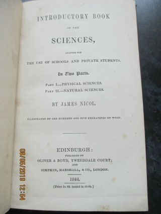 Old Rare Antique 1844 NICOL ' S INTRODUCTORY BOOK OF THE SCIENCES James Nicol HB 5