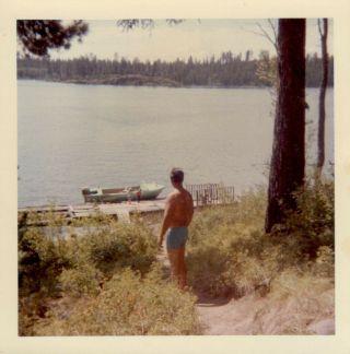 Shirtless Man Swimming Trunks Lake Boat Gay Interest Vintage Photo October 1963