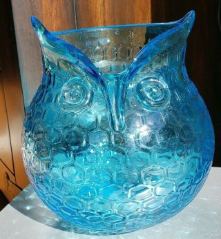 Vintage Mcm Blenko Aqua Blue Honeycomb Owl Art Glass Vase Pitcher Bowl