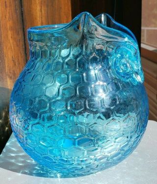 Vintage MCM Blenko Aqua Blue Honeycomb Owl Art Glass Vase Pitcher Bowl 2