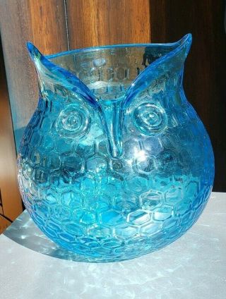 Vintage MCM Blenko Aqua Blue Honeycomb Owl Art Glass Vase Pitcher Bowl 3