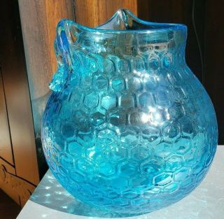 Vintage MCM Blenko Aqua Blue Honeycomb Owl Art Glass Vase Pitcher Bowl 4