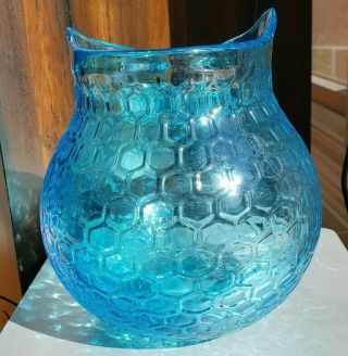 Vintage MCM Blenko Aqua Blue Honeycomb Owl Art Glass Vase Pitcher Bowl 5