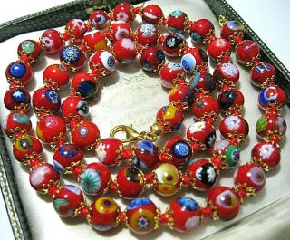 Lovely Red Millefiori Venetian Murano Glass Bead Long Vintage Style Necklace