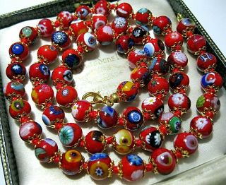 Lovely Red Millefiori Venetian Murano Glass Bead Long Vintage Style NECKLACE 2