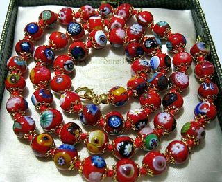 Lovely Red Millefiori Venetian Murano Glass Bead Long Vintage Style NECKLACE 3
