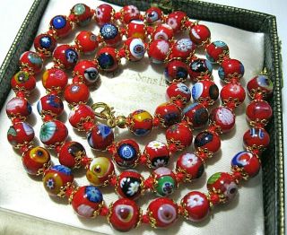 Lovely Red Millefiori Venetian Murano Glass Bead Long Vintage Style NECKLACE 4